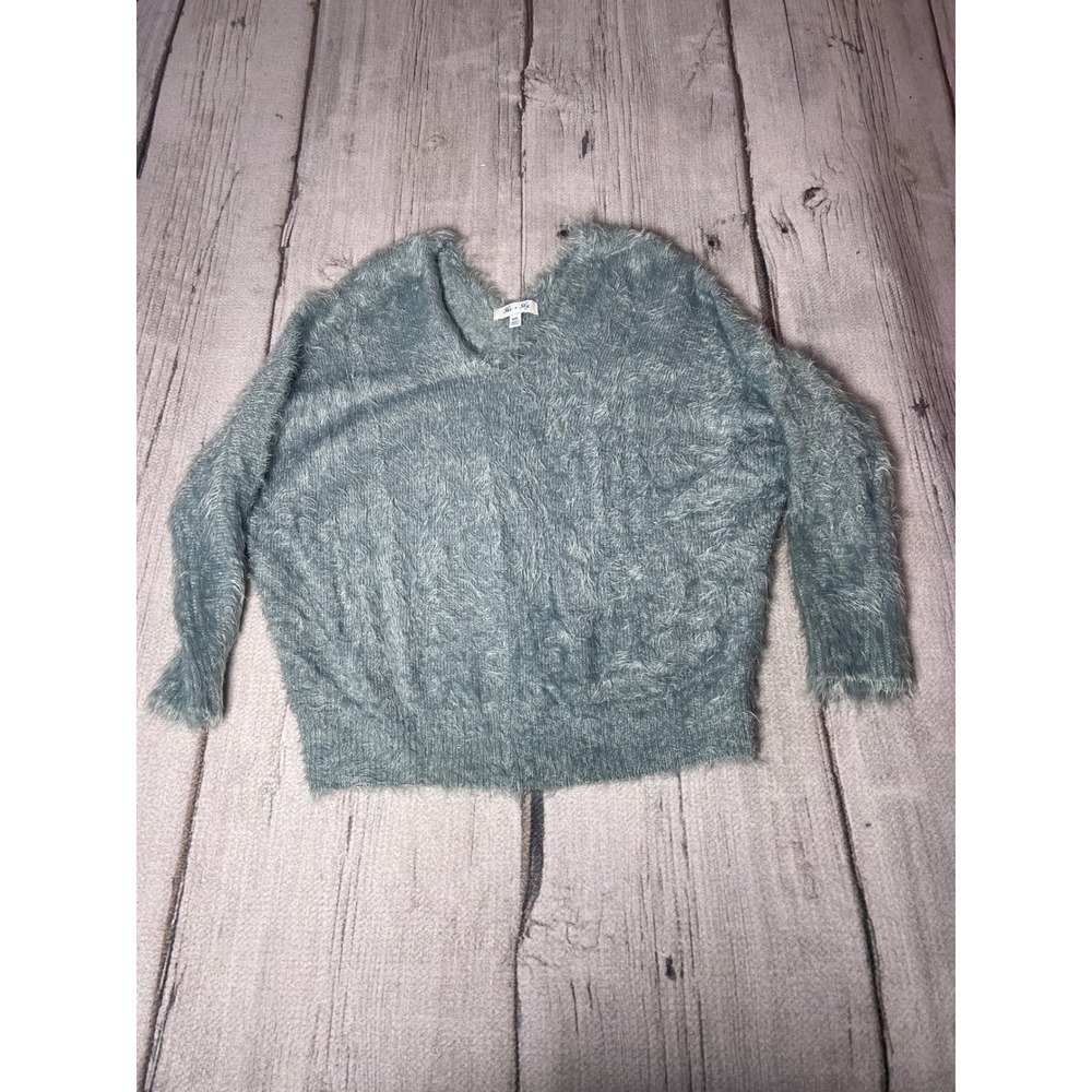 She Sky Fuzzy V Neck Pullover Sweater‎ light blue  M L